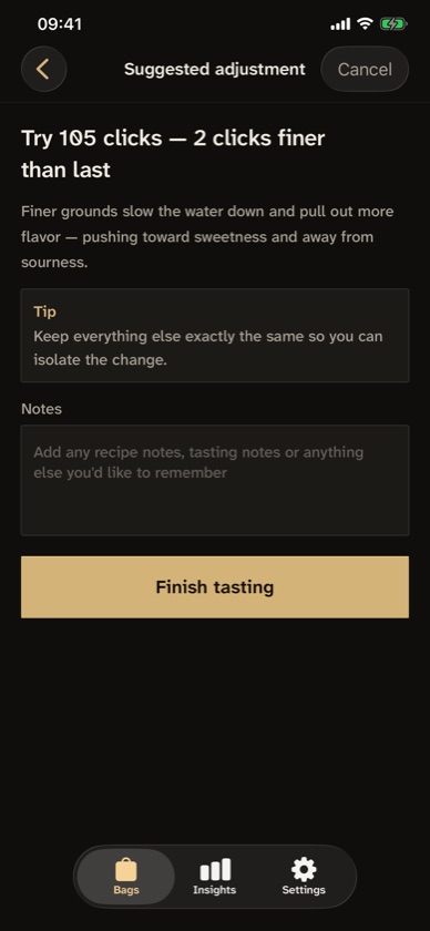 Kaapi suggesting one adjustment: try 105 clicks, two clicks finer than last, with the reason underneath.