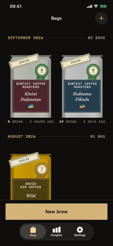 A shelf of coffee bags in Kaapi, each showing its roaster, score and number of brews.
